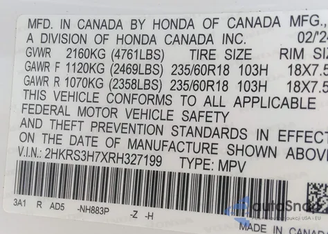 2024 Honda Cr-V Ex-L 2Wd z USA, uszkodzony, nr VIN 2HKRS3H7XRH327199